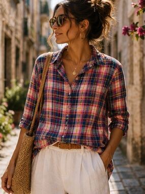 J.Crew Madras Relaxed Plaid Top Half Button Boy Fit Collared Long Sleeve Shirt